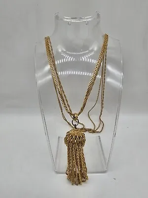 Vintage Monet Necklace Gold Tone Triple Chain With Tassel Pendant • $60