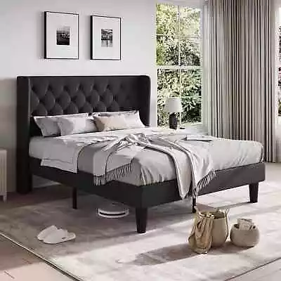 Full Queen King Bed Frame With Diamond Button Tufted Wingback Headboard Black • $177.99