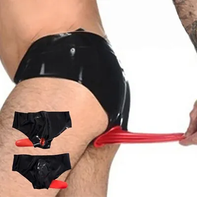 Latex Rubber Briefs Front Zip Male's Shorts W/ Anal Tube Condom Underwear 0.4mm • $40.45