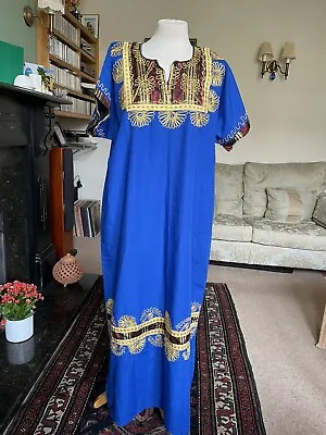 Women’s Blue Short Sleeve Long Moroccan-Style Tunic Gold Braid Decor Size 14-16 • $5.97