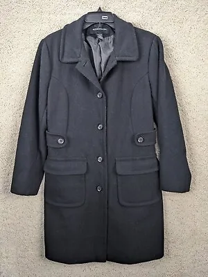 Moda International Coat Womens 12 Black 100% Wool Over Coat Trench Long Jacket • $17.47