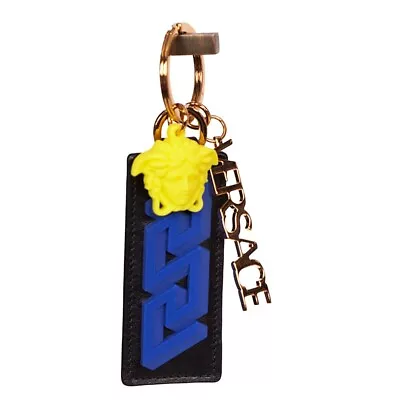 NEW $425 VERSACE Black Leather W/ Blue Rubber LA GRECA MEDUSA Key Ring Keychain • $265