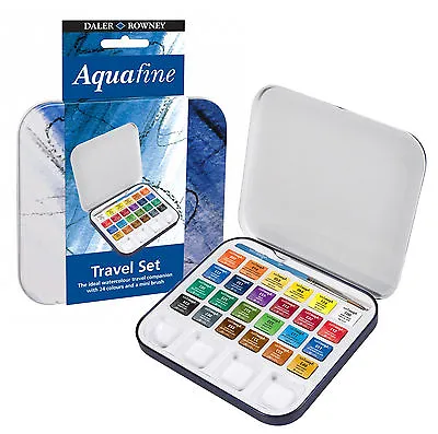 Daler Rowney Aquafine Watercolour Paints Half Pan Travel Set Of 24 & Brush • £28.99