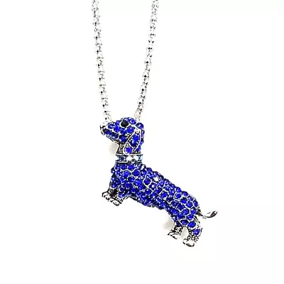 Blue Dachshund DOG Rhinestones Betsey Johnson Pendant Necklace & BROOCH • $16.95