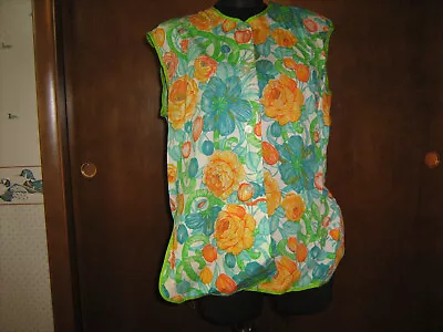 VTG Retro SMOCK APRON M-L Colorful Floral Orange Blue Green Button Front Pocket • $5.99