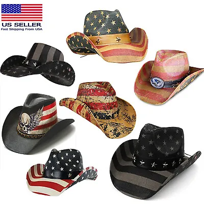 Men's Vintage Tea-Stained USA American Flag Shape-It Brim Cowboy Hat W/ Western • $34.99