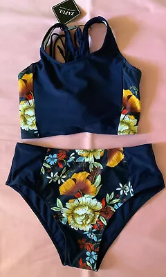 ZAFUL Women's Floral Bandeau Bikini Set High Cut Lapis Blue Size L/8 NWT*** • $14