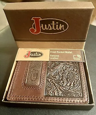 JUSTIN Boots Men's Front Pocket Wallet / BiFold Leather Tooled Dark Brown NEW • $14.99