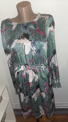Zara Low Back Dress XS Long Sleeves Green With Birds & Flowers • £5.99