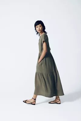 BEAUMONT ORGANIC Mirabelle Organic Cotton Short Sleeve Tier Maxi Dress Olive M • $98.88