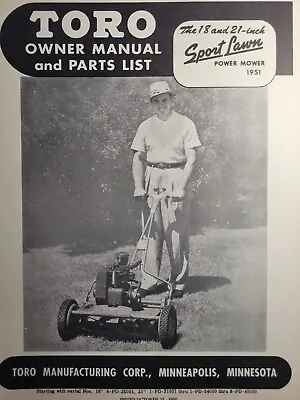 TORO 18 21 Sport Lawn 1951 Walk-Behind Gas Power Reel Mower Owner & Parts Manual • $84.84