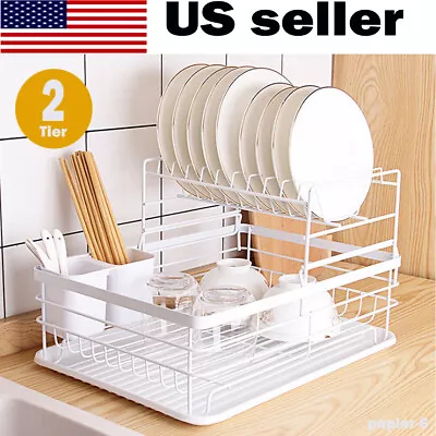 2 Tier Dish Drainer Rack With Drip Tray Cutlery Holder Plate Rack Kitchen Sink • $21.94