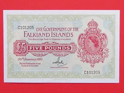 Falkland ( 1975 Rare Scarce Gem Unc ) 5 Pounds Rare Banknotemint Gem Unc • £800