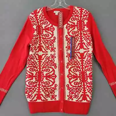 Merona Women Sweater Size L Red Stretch Preppy Cardigan Button Up Cozy Knit Top • $17