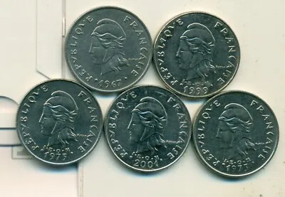 5 DIFFERENT 20 FRANC COINS From FRENCH POLYNESIA (1967 1973 1975 1999 & 2001) • $3.50