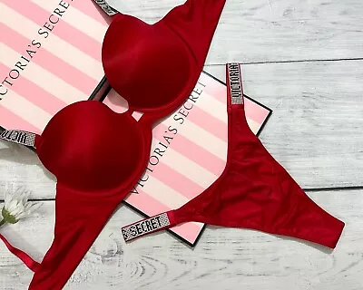 Victoria’s Secret Shine Strap RHINESTONE Lined Demi Bra Thong Set Smooth Red • $161.02