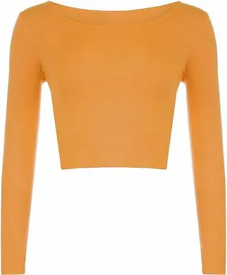 Ladies Round Neck Long Sleeve Crop Top T Shirt Tops Womens Top 8-14 • £4.49