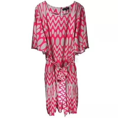 NWT Eloquii Sz 28 Kimono Sleeve Side Pleated Belted Midi Dress In Pink/Grey • $50