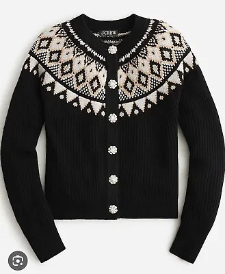 J Crew Fair Isle With Flower Crystal Buttons Cashmere Cardigan Sweater Size L  • $175