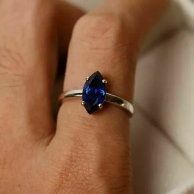 1.50Ct Marquise Cut Lab Created Blue Sapphire Wedding Ring 14k White Gold Plated • $76.99