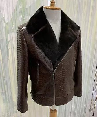 Genuine Python Leather Mink Fur Collar Men's Grey Luxury Biker Jacket • $1995