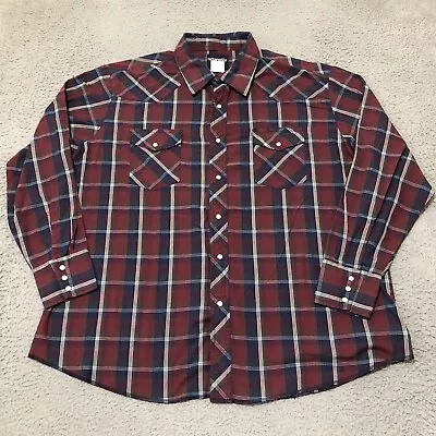 Wrangler Western Shirt Mens 2XL Maroon Plaid Pearl Snap Long Sleeve • $9.72