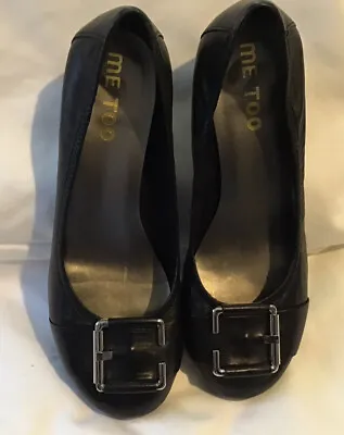 Me Too Leather Black Low Wedge With Silver Buckles 8.5M EUC • $25