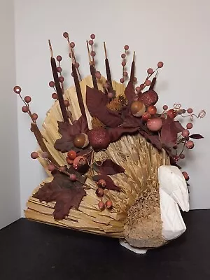 THANKSGIVING TURKEY Centerpiece Decor Cattail Acorn Pinecone Wood VNTG Large 16  • $39.95