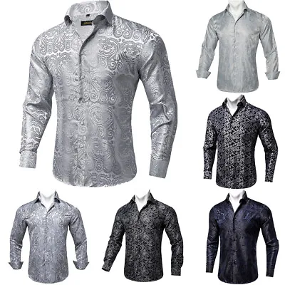 Mens Dress Silk Shirt Long Sleeve Black Blue Paisley Casual Button Down Shirts • $17.14