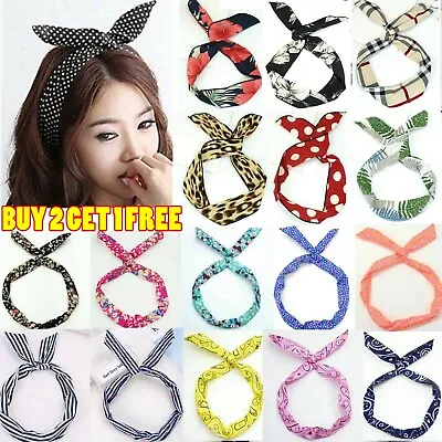 Boho Rockabilly Wired Headband Retro Scarf Wire Hair Band Bunny Ears Bowknot  • £3.49