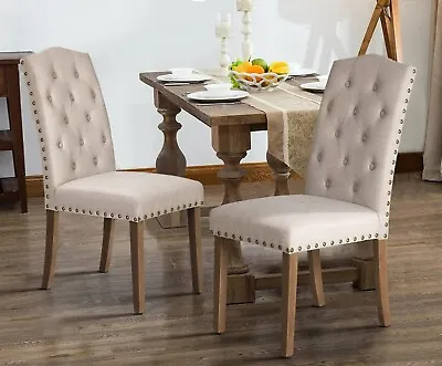 Set Of 2 Tufted Dining Chairs Linen Fabric Diner Chairs Upholstered Padded Chair • £159.99