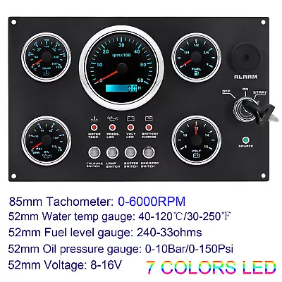 5 Gauge Set With Instrument Panel 0-6000RPM 7 Colors LED For Marine Boat Yacht • $162.26