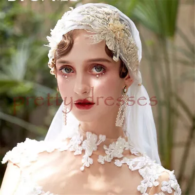 Long Vintage Juliet Cap Wedding Bridal Veils Cathedral Champagne Applique Beaded • $17.90