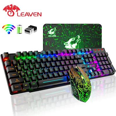$25.99 • Buy 2.4G Wireless Gaming Keyboard&2400DPI Mouse Set Rainbow Backlit For Gamer Office