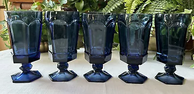 5 Fostoria VIRGINIA DARK BLUE Glass Stemmed 6 7/8  Ice Tea Glasses (set #4) • $40