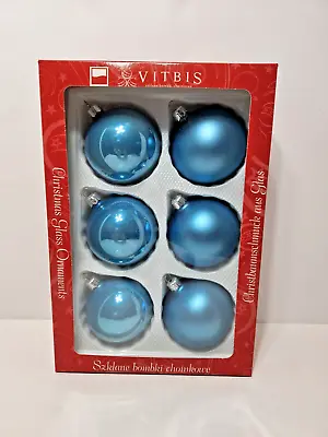 Vitbis Blue Glass Christmas Ornaments Made In Poland Set Of 6 Blue 3” Ball • $18.99