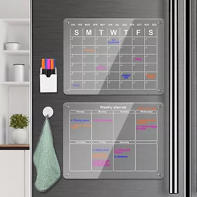 2x Acrylic Magnetic Fridge Calendar Week & Month W/ Dry Erase Markers And Holder • $15.49