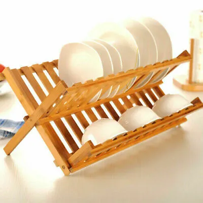 £11.89 • Buy Bamboo Wooden Folding Dish Drainer Plate Cup Holder Rack Kitchen Cutlery Stand
