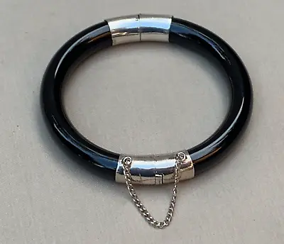 Vintage Asian Black Onyx Sterling Silver Bracelet Tubular Bangle Clasp & Chain • $150