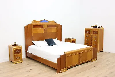 Art Deco Vintage 4 Pc Waterfall Bedroom Set King Size Bed #48118 • $7500