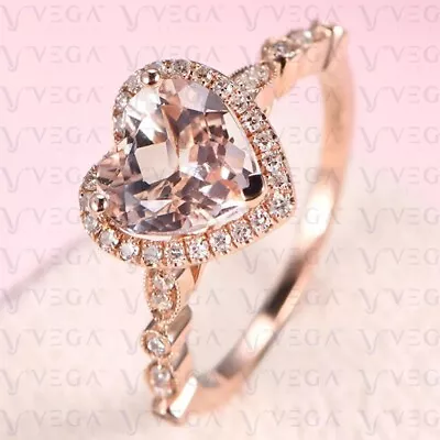 3.07ct Heart Cut Natural Morganite Gemstones Diamond Wedding Ring 14K Rose Gold • $497