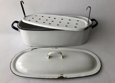 $69.89 • Buy Vintage Enamelware White Blue Trim Oval Fish Poacher Steamer With Lift Out Tray