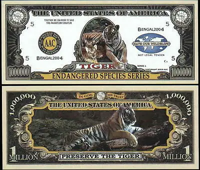 ENDANGERED TIGER MILLION DOLLAR BILL - Lot Of 2 Bills • $2.50