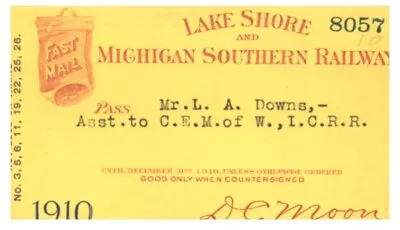 PASS Lake Shore And Michigan Southern Railway  1910  L.A. Downs • $24.95