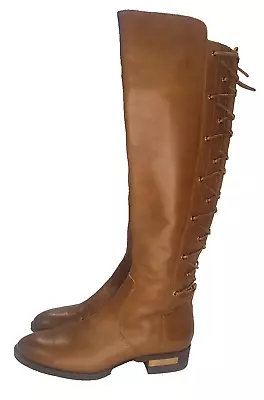 Vince Camuto Riding Boots Palenda Knee Length Brown Leather Lace Up Women 6.5 M • $32.99