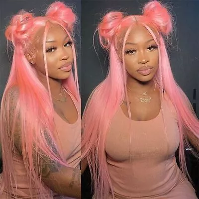 Long Straight Pink Lace Front Wig Synthetic High Temperature Wig Fashion Cosplay • $36.99