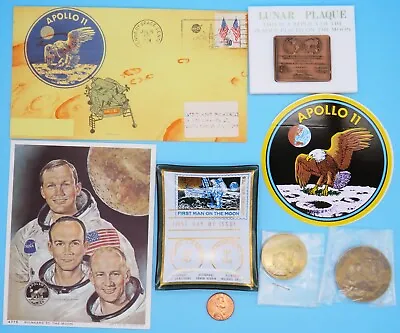 APOLLO 11 LOT Of 7 Vtg First MAN On MOON Armstrong NASA Coins Sticker Plaque • $24.99