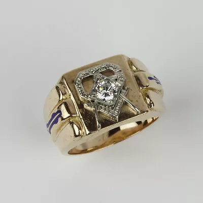 Vintage 14k Yellow Gold Clear Stone Mens Freemason Ring Size 9.5 • $924.99