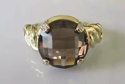 9ct Gold Ring - 9ct Yellow Gold Diamond Smoky Quartz Faceted Cluster Ring Size O • £225