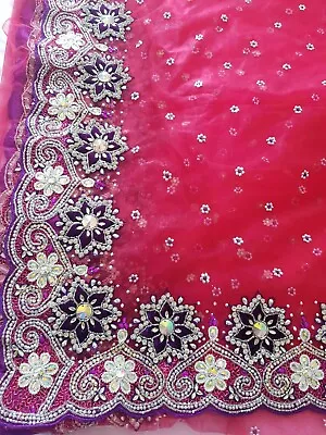 Elegant Net Velvet Pearls And Rhinestones Saree Unstitched In Raspberry Pink • £95